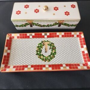 Anthropologie Home Festive Tile Butter Dish Green Red Gold